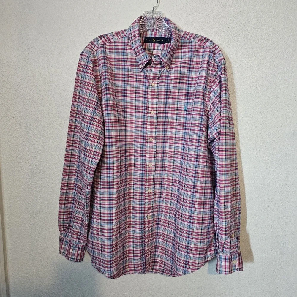 Ralph Lauren Blue and Pink Plaid‎ Longsleeve Button Front Polo Men's Size Large